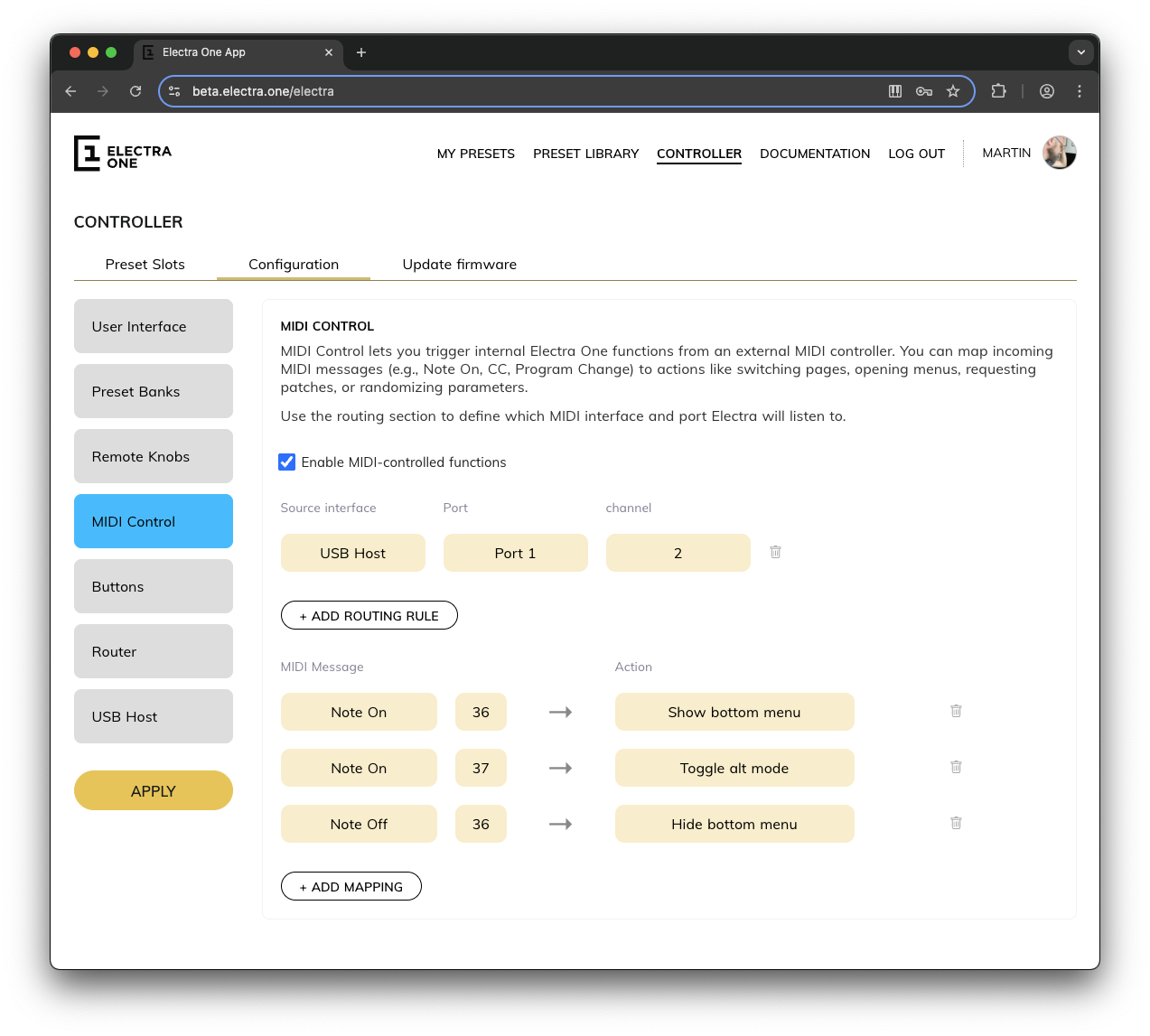 Controller configuration Midi Control