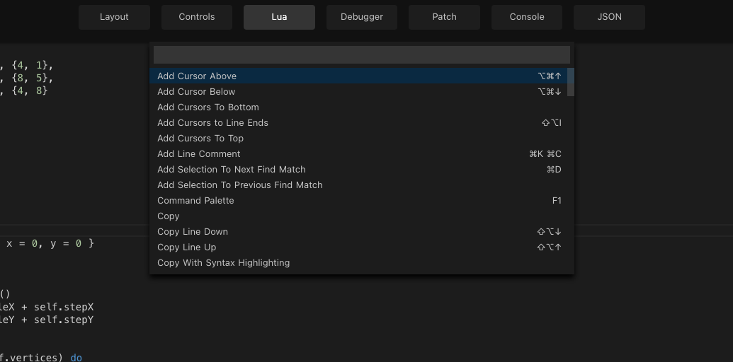 Lua editor commands