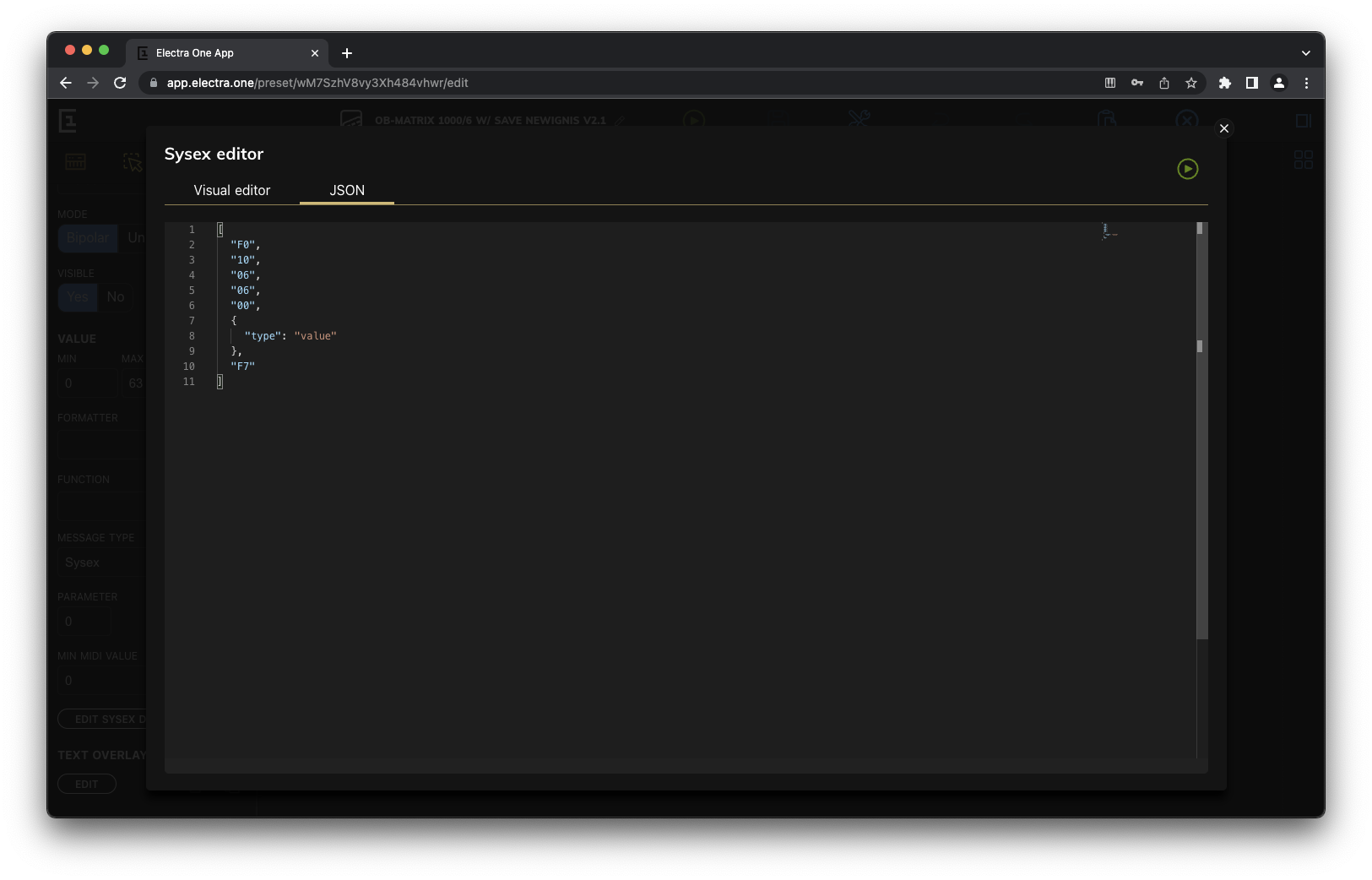 Sysex Editor JSON editor
