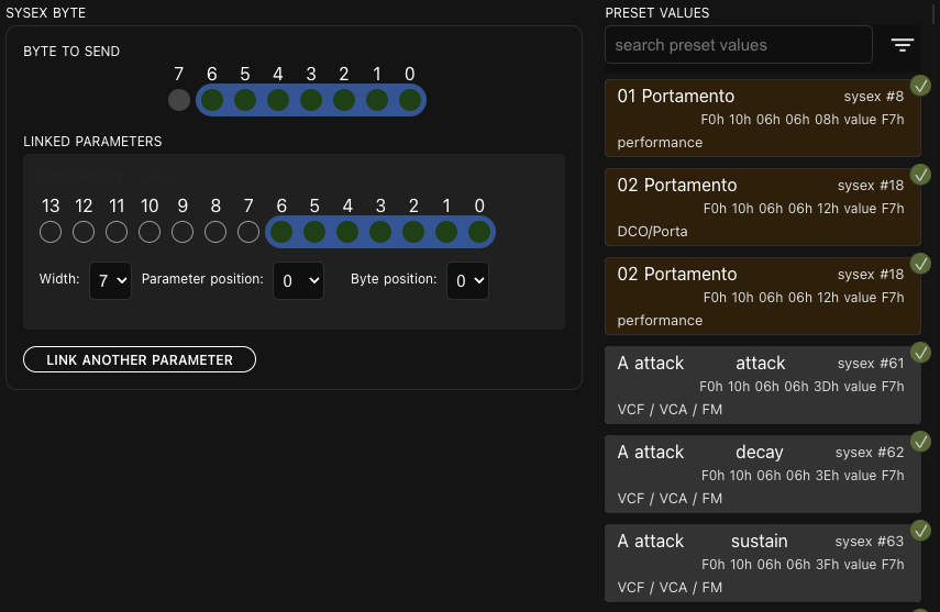 Sysex Editor value