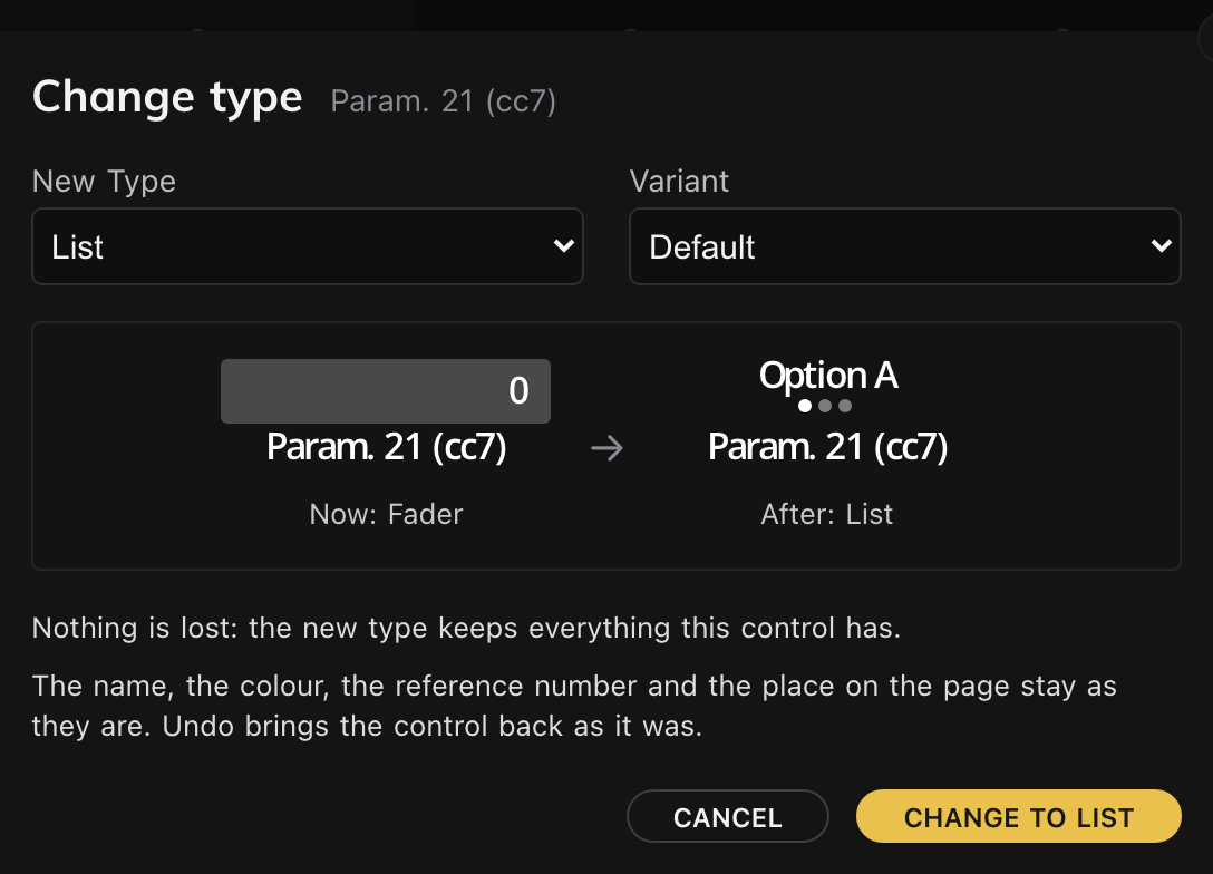 Changing a learned fader into a list