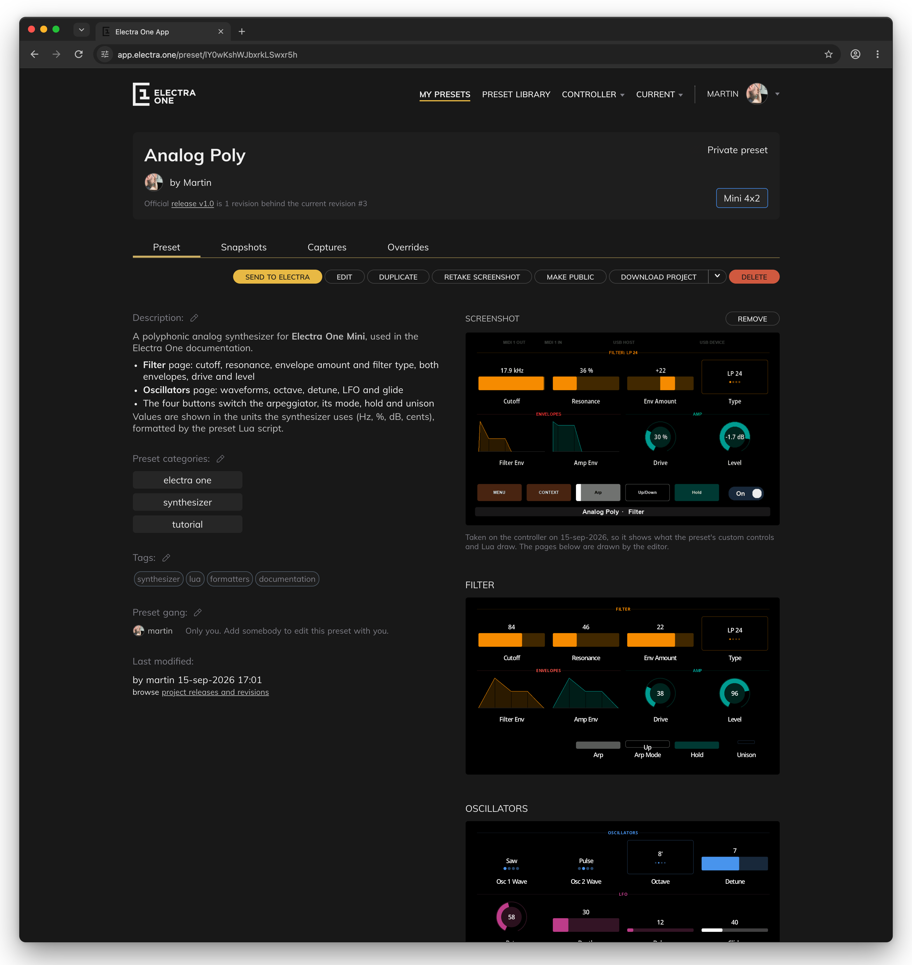 The preset detail page