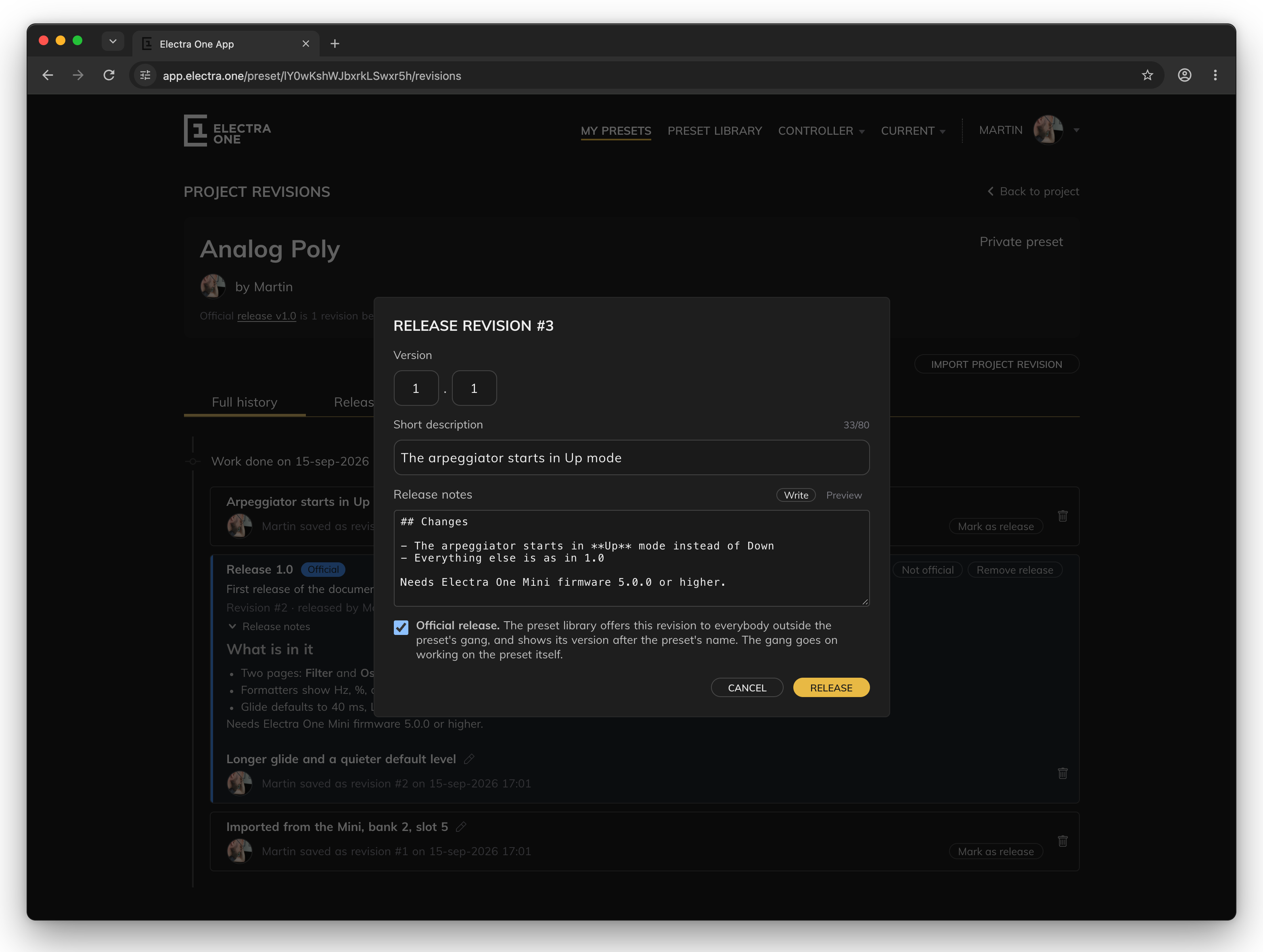 The release dialog