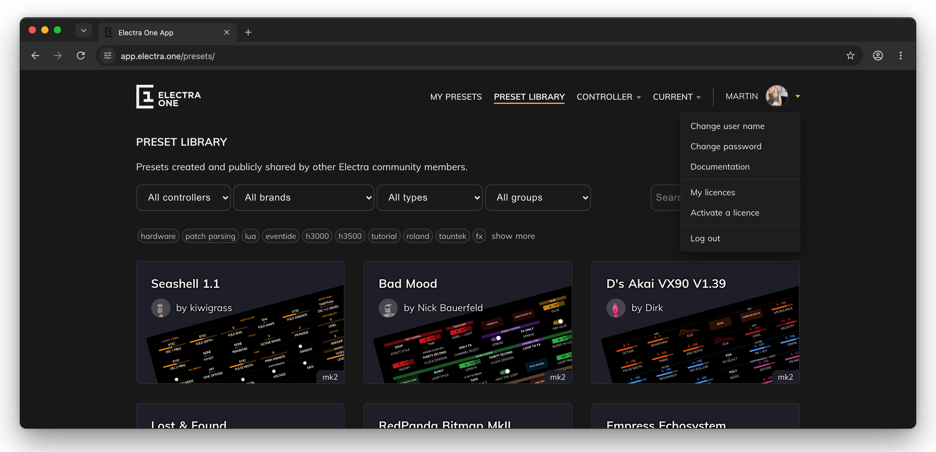 The user menu