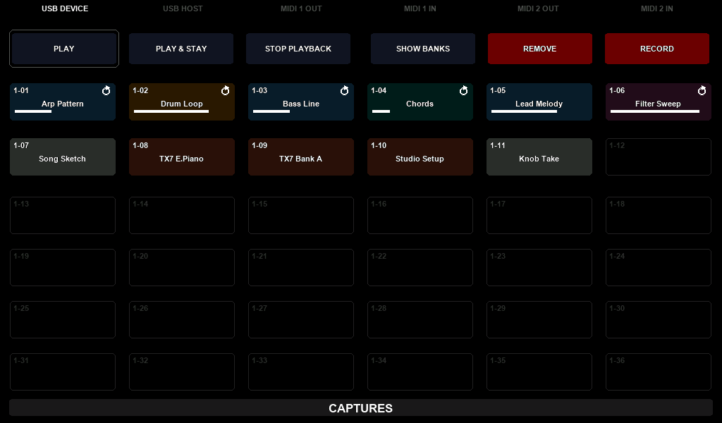 The CAPTURES window with captures playing
