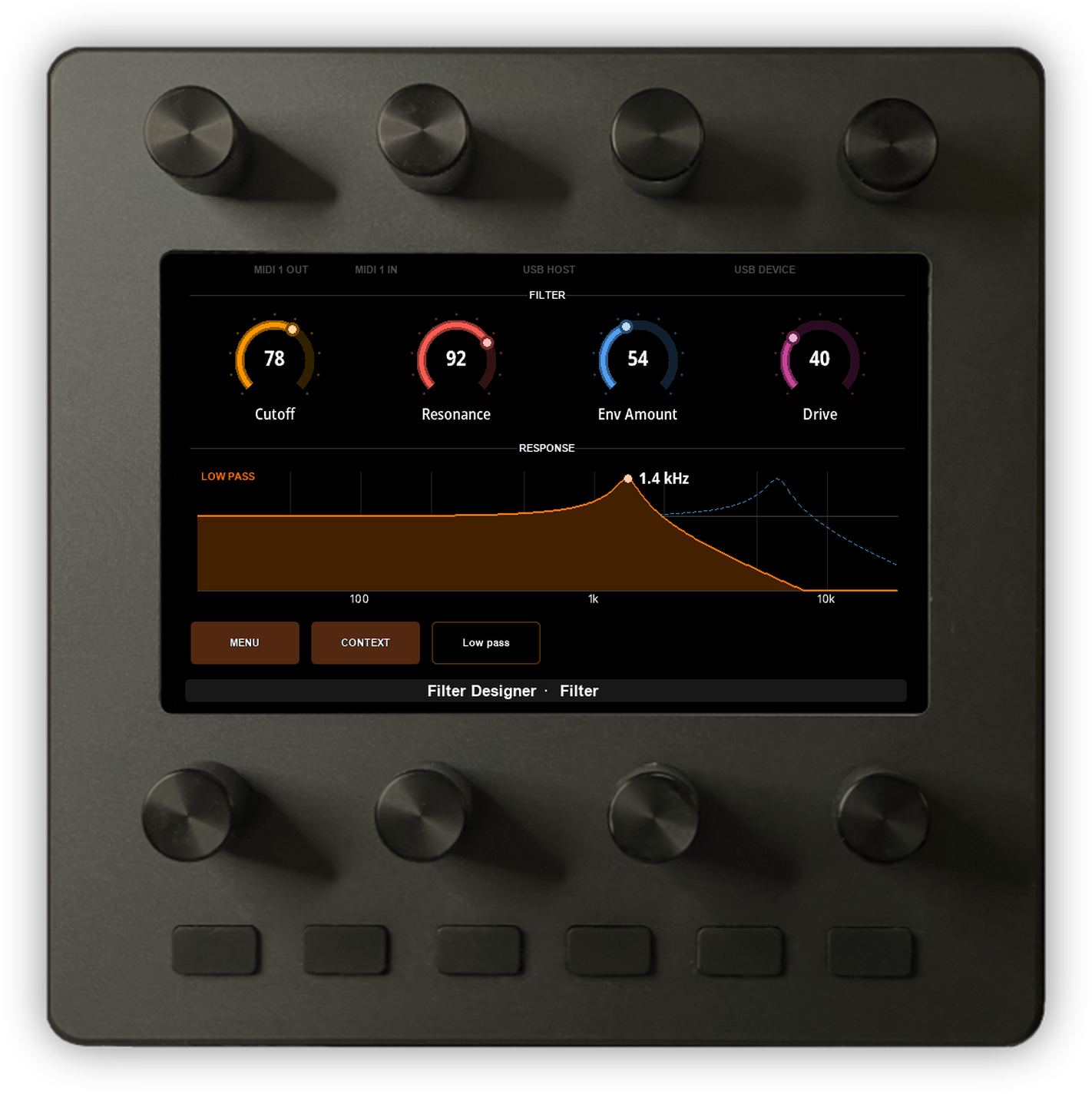 The Filter Designer custom controls on Electra One Mini