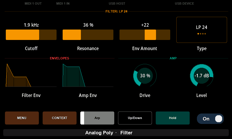 The Filter page of a synthesizer preset on Electra One Mini
