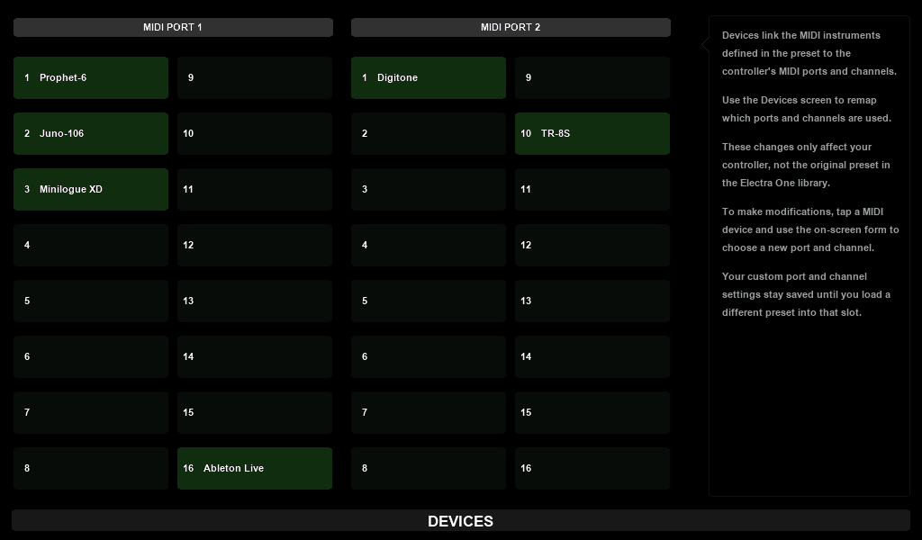 The Devices screen of Electra One Mk2