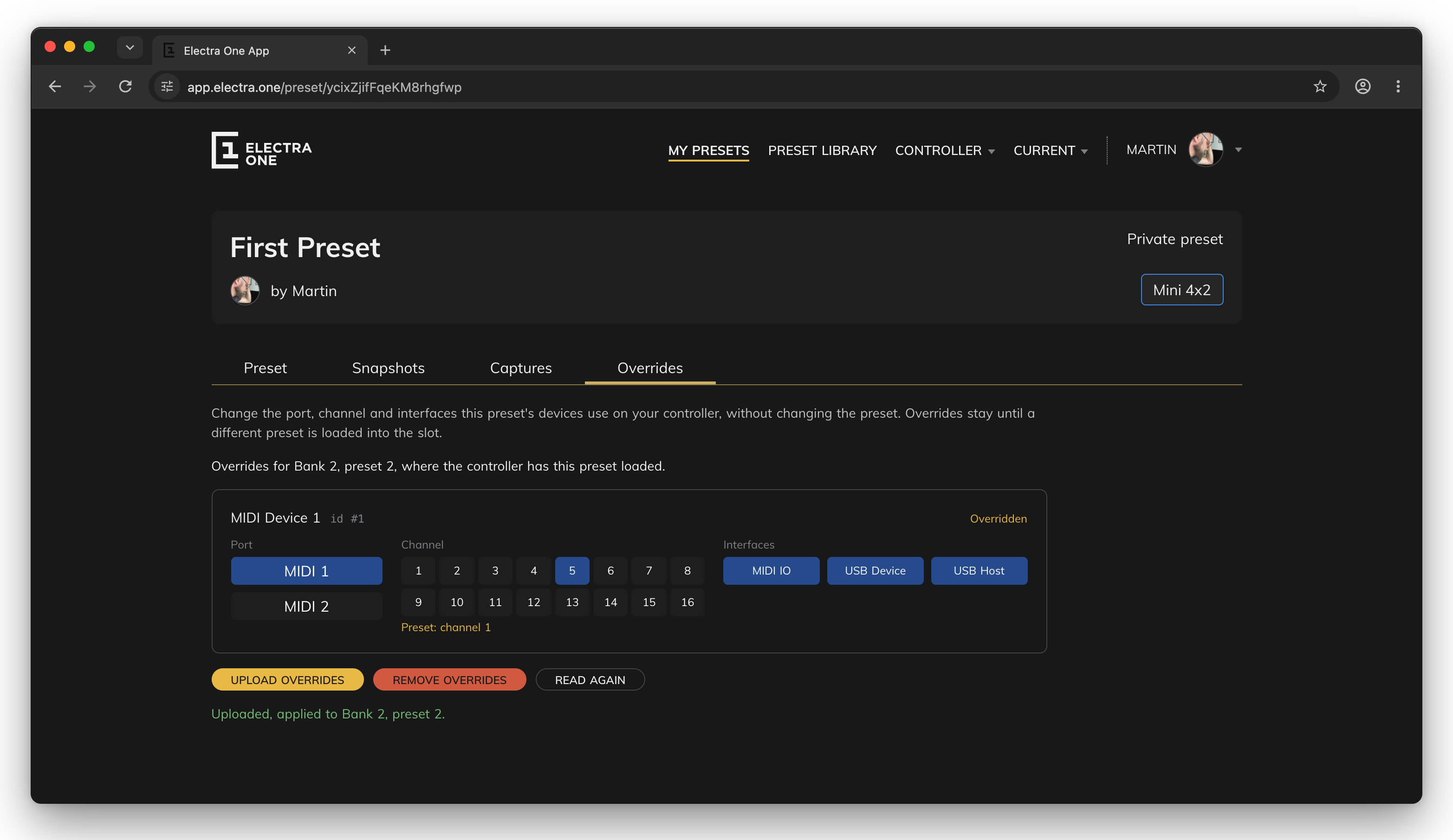 The Overrides tab on a preset's page in the Electra One app