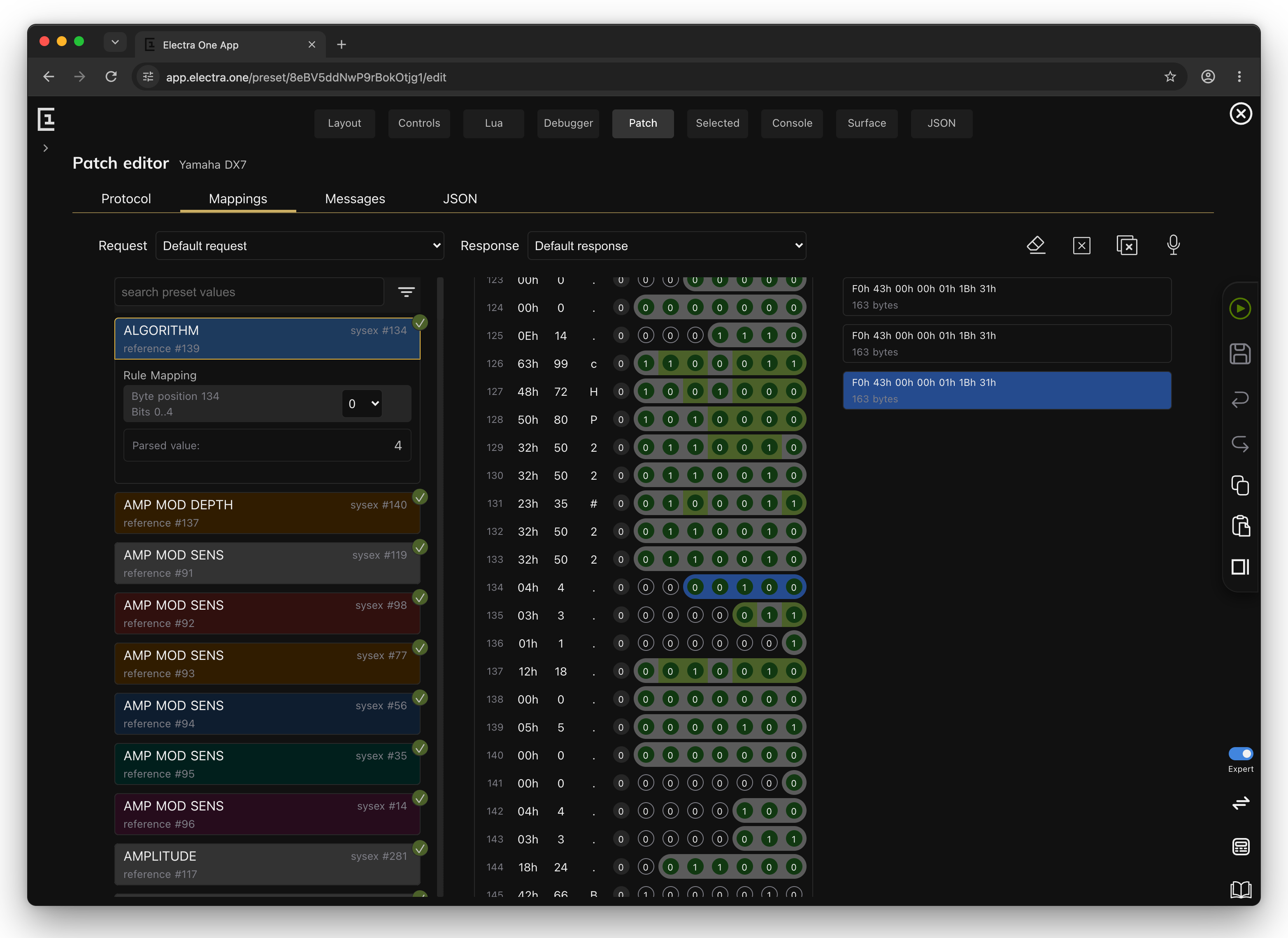 Mapping the bytes and bits of a Yamaha TX7 patch dump in the preset editor