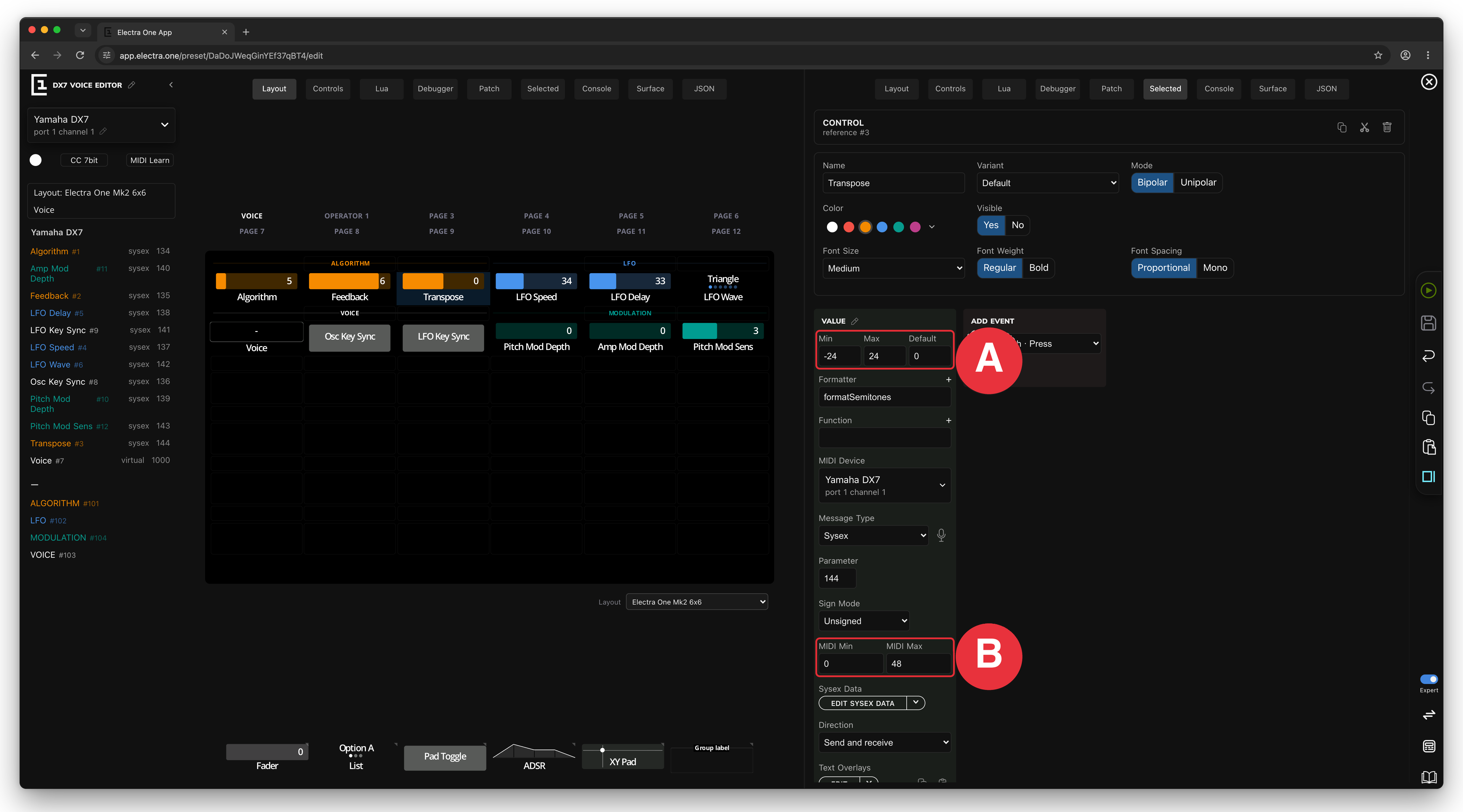 Control settings on the Selected tab