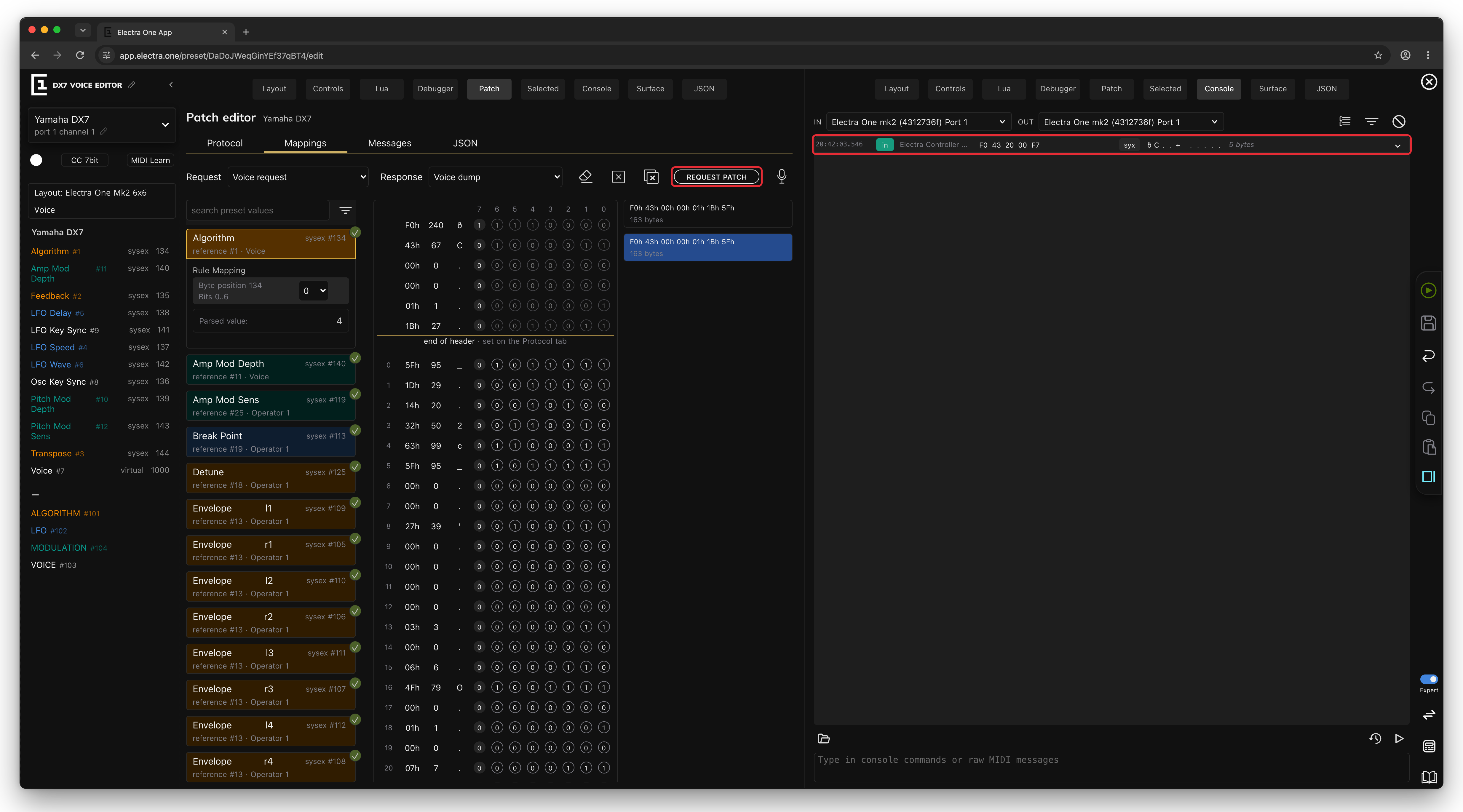 The request in the console