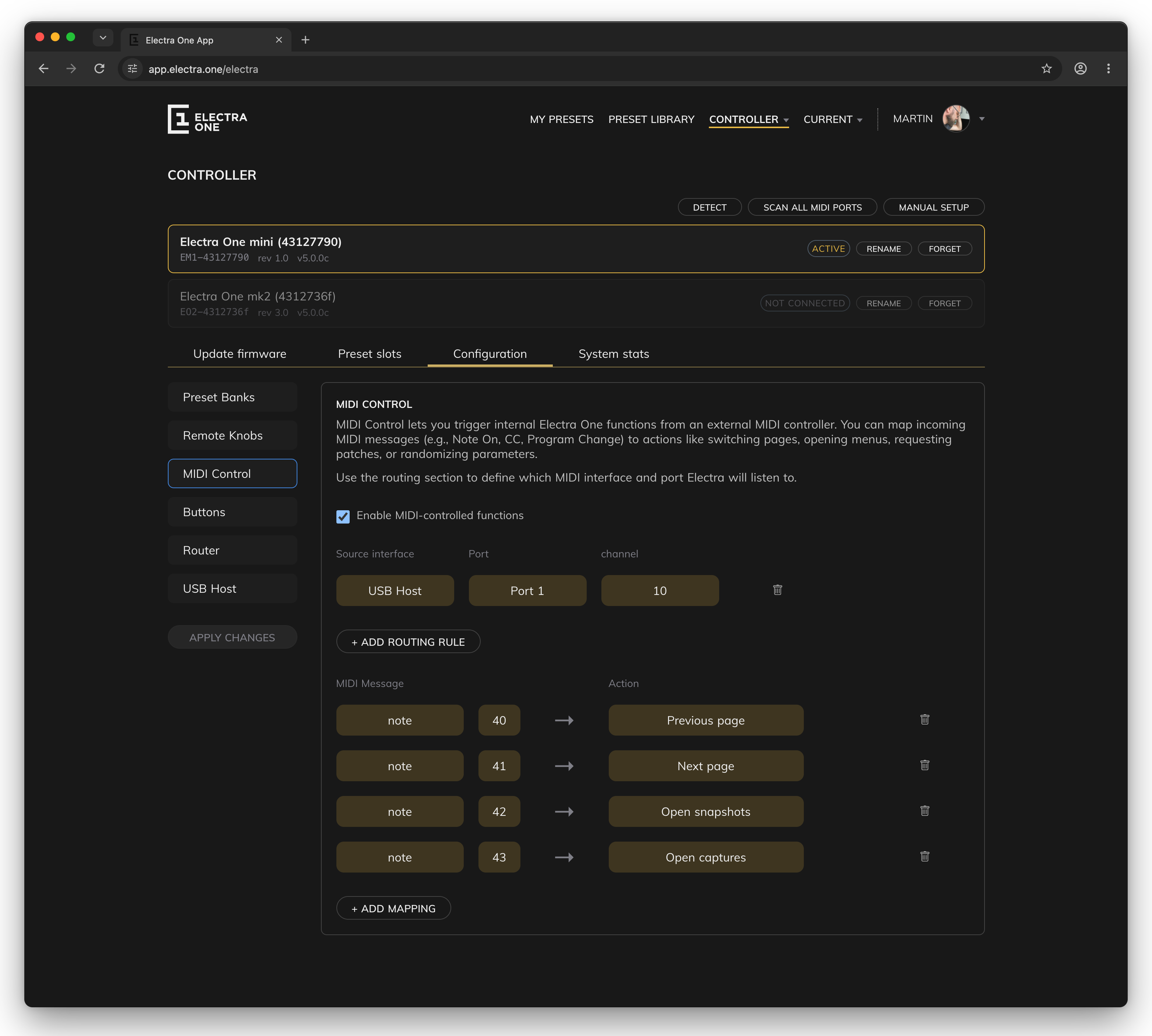 MIDI Control in the Electra One app