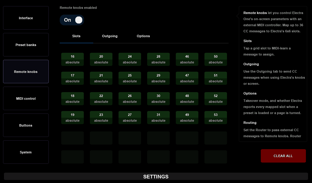 Remote knob slots on Electra One Mk2