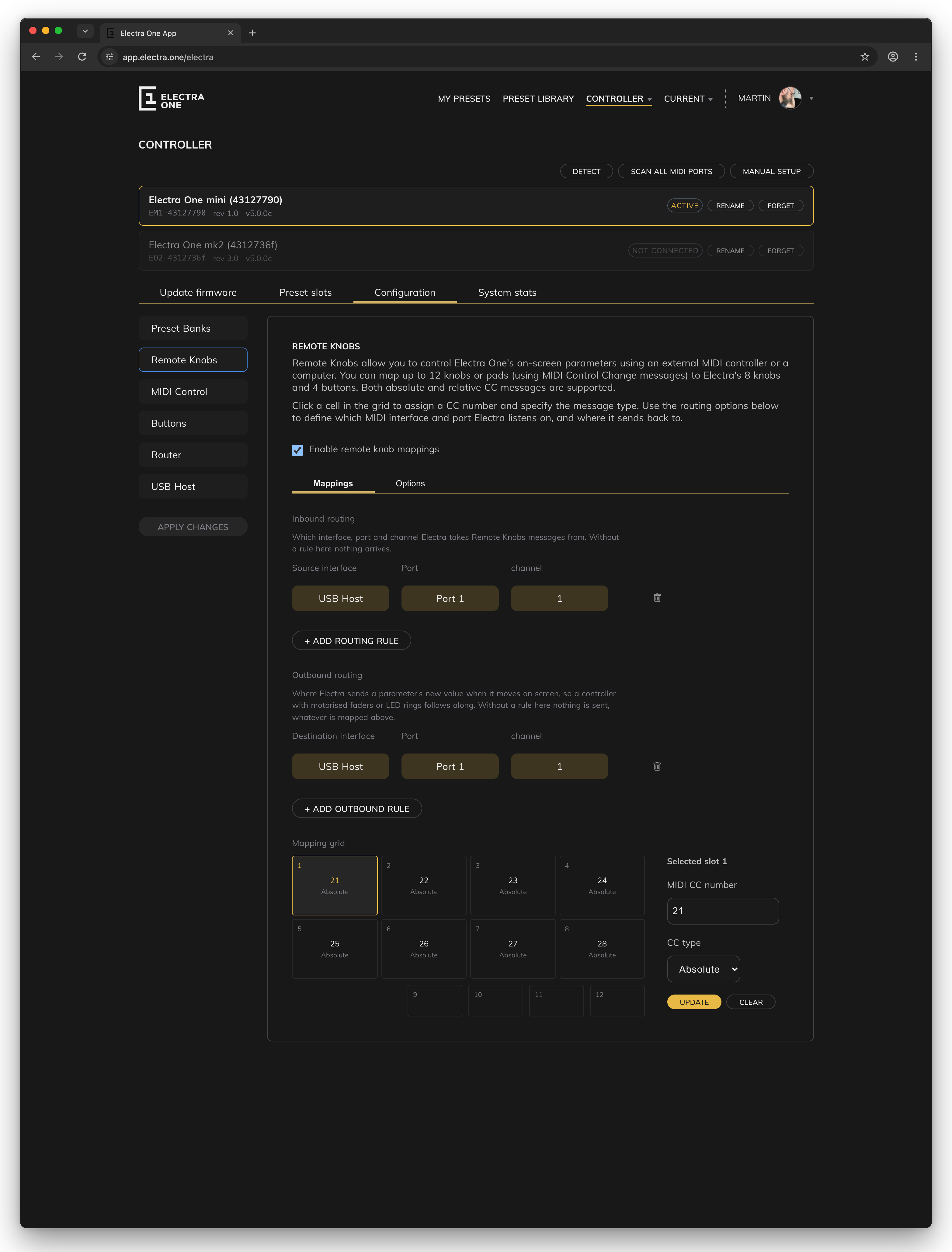 Remote knobs in the Electra One app