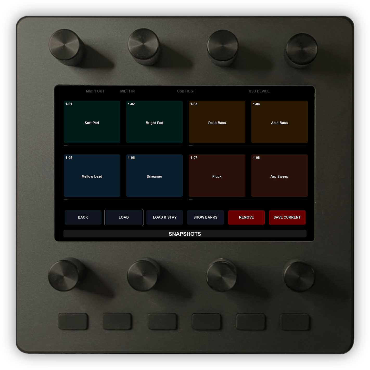 Electra One Mini showing a bank of snapshots