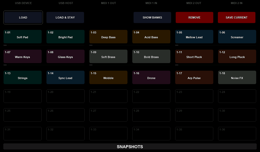 The SNAPSHOTS window of Electra One Mk2