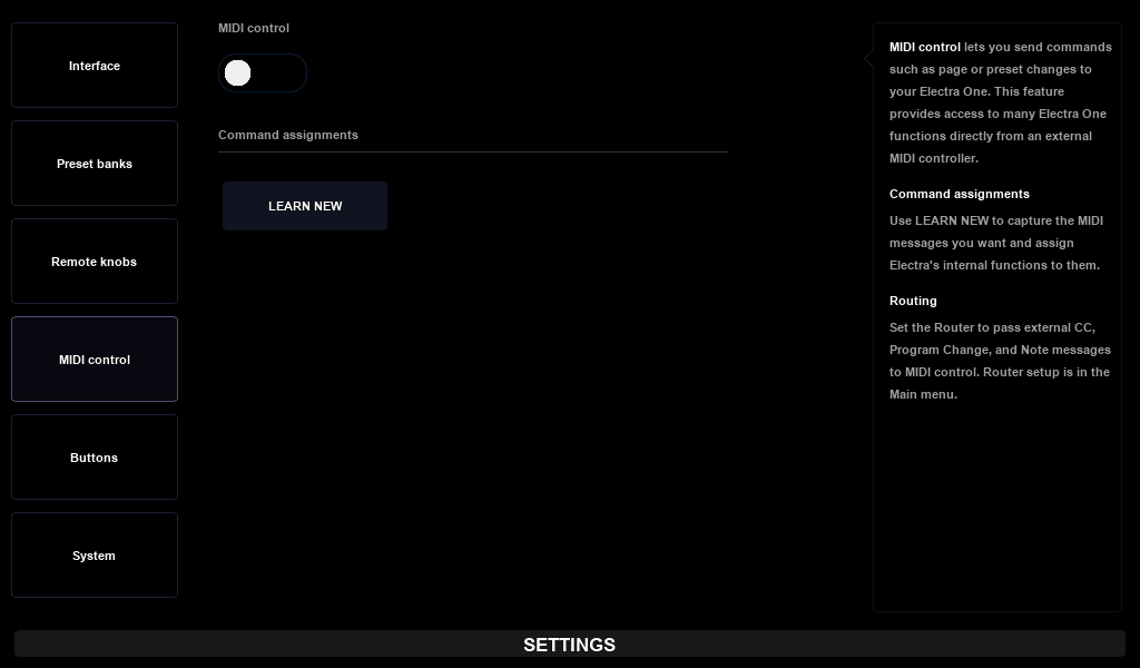 The MIDI control tab