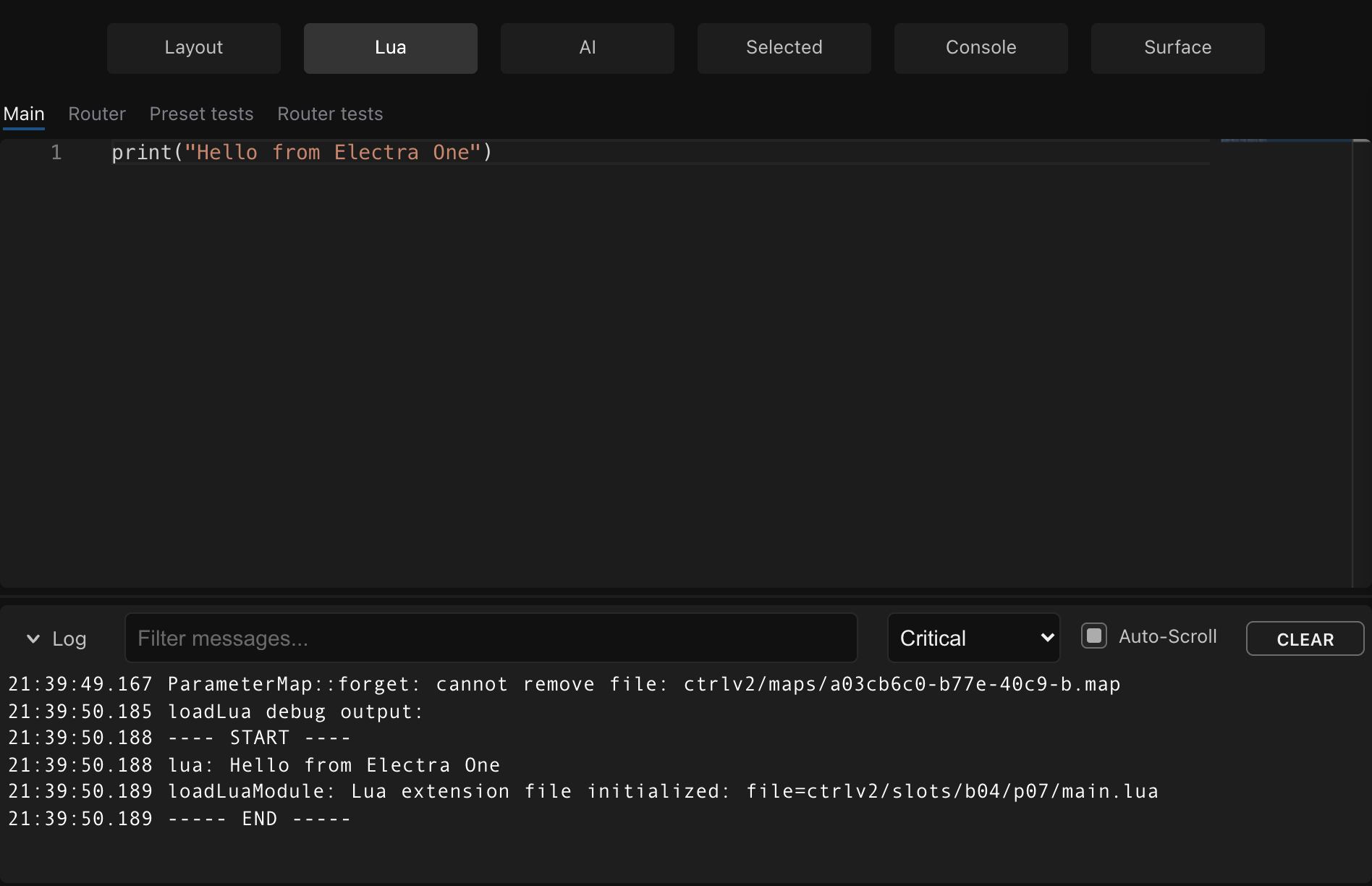 The Lua tab with print("Hello from Electra One") in the script and the log beneath it showing lua: Hello from Electra One