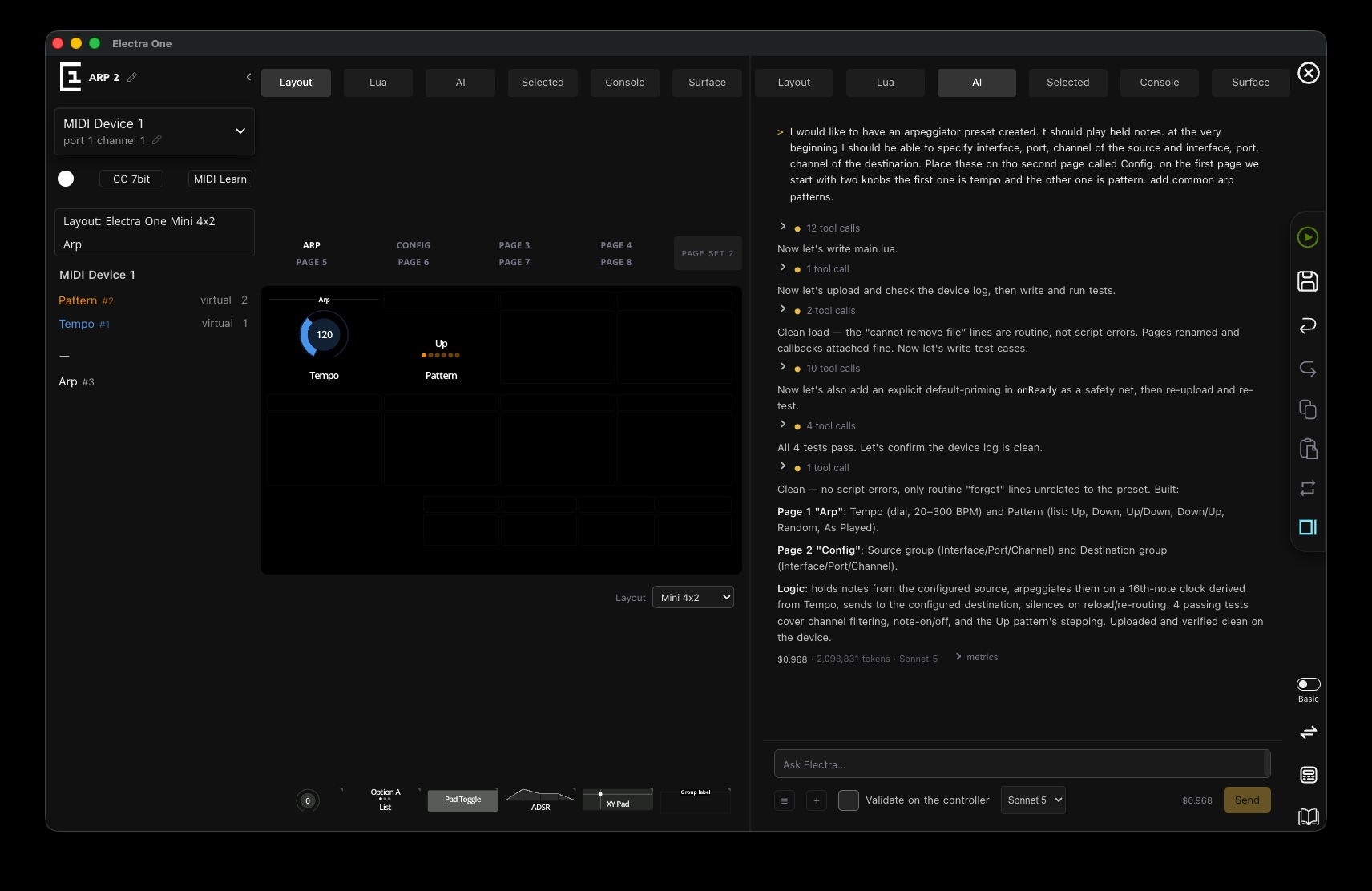 The AI tab after the session: the prompt at the top, the assistant's own tool calls collapsed beneath it, a plain-language summary of the finished preset, and $0.968 on 2,093,831 tokens with Sonnet 5
