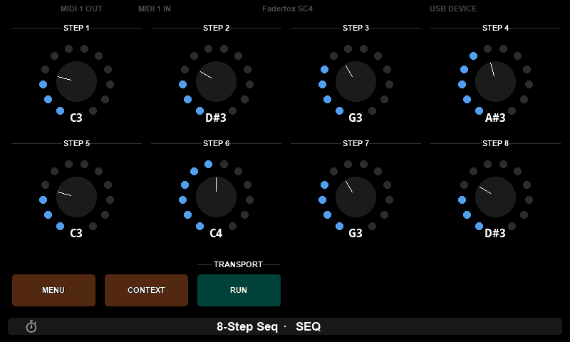 Eight step controls on the Electra One mini, each drawn as a pot with a ring of twelve LEDs and a note name beneath, with a RUN pad at the bottom