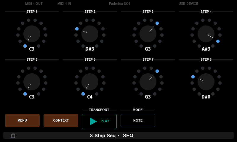 Eight steps in NOTE mode with a drawn PLAY transport and a MODE list, step 8 reading D#0