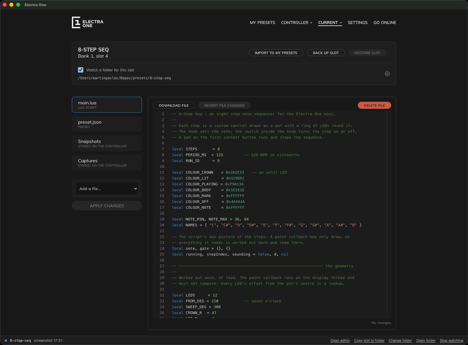 The app's Current slot page showing 8-STEP SEQ in bank 1 slot 4, the watched folder path, and main.lua's source