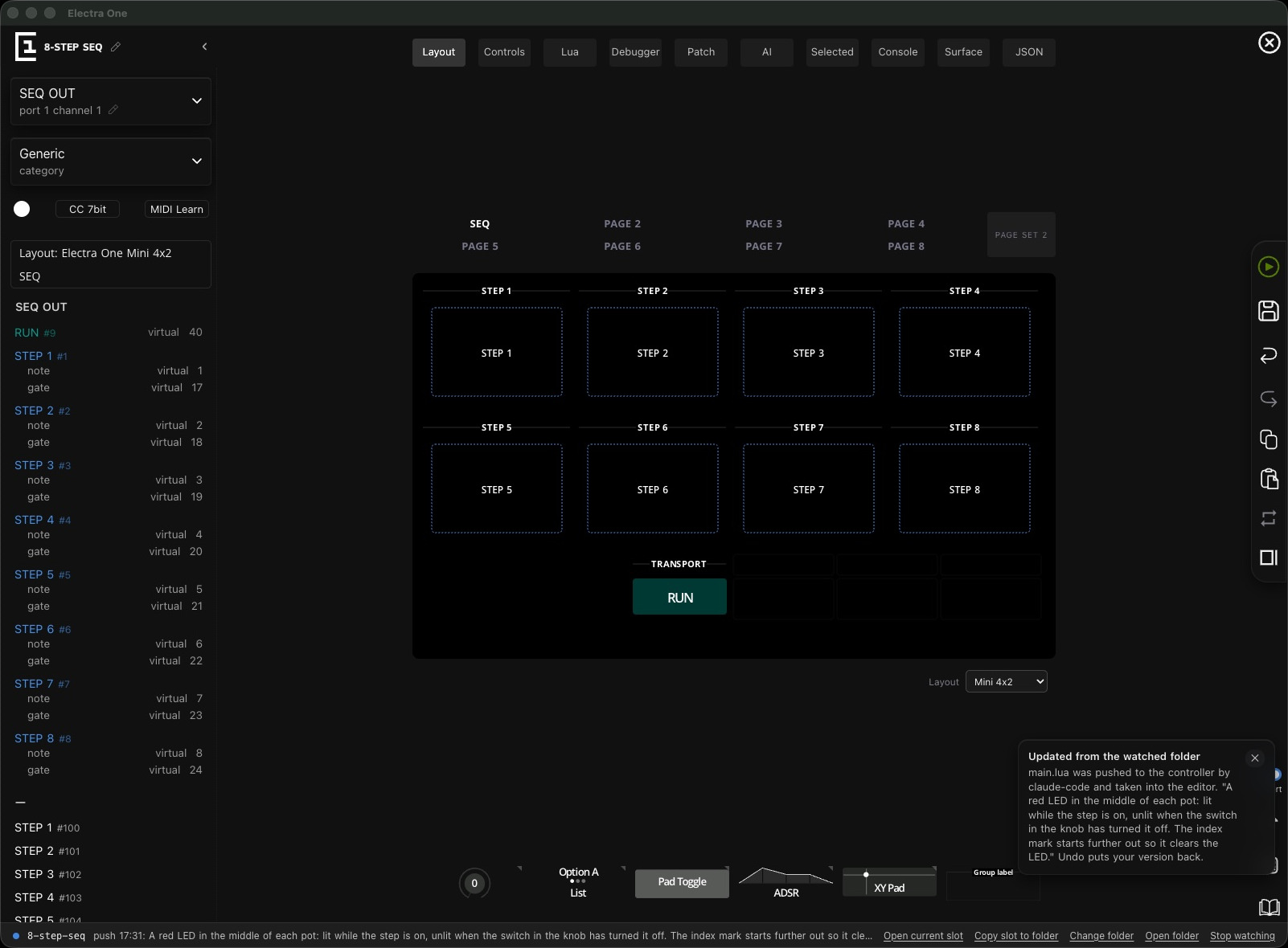 The layout editor with a toast reading 'Updated from the watched folder' and the folder bar along the bottom of the window