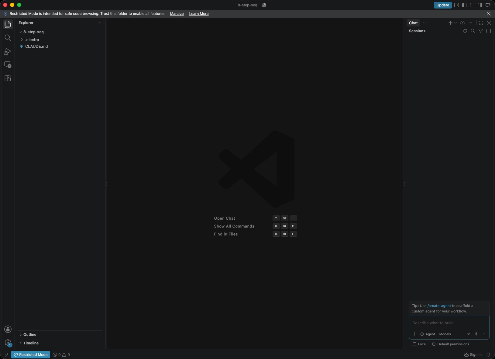 VS Code with the 8-step-seq folder open, showing only .electra and CLAUDE.md in the explorer