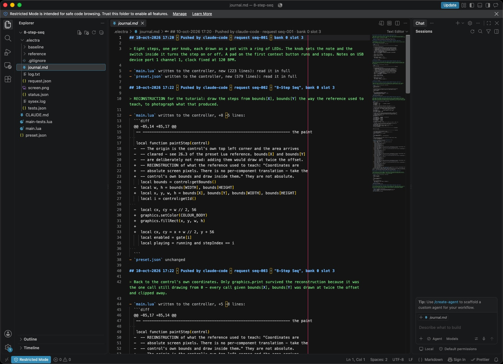 journal.md open in VS Code showing three entries with their messages and a unified diff