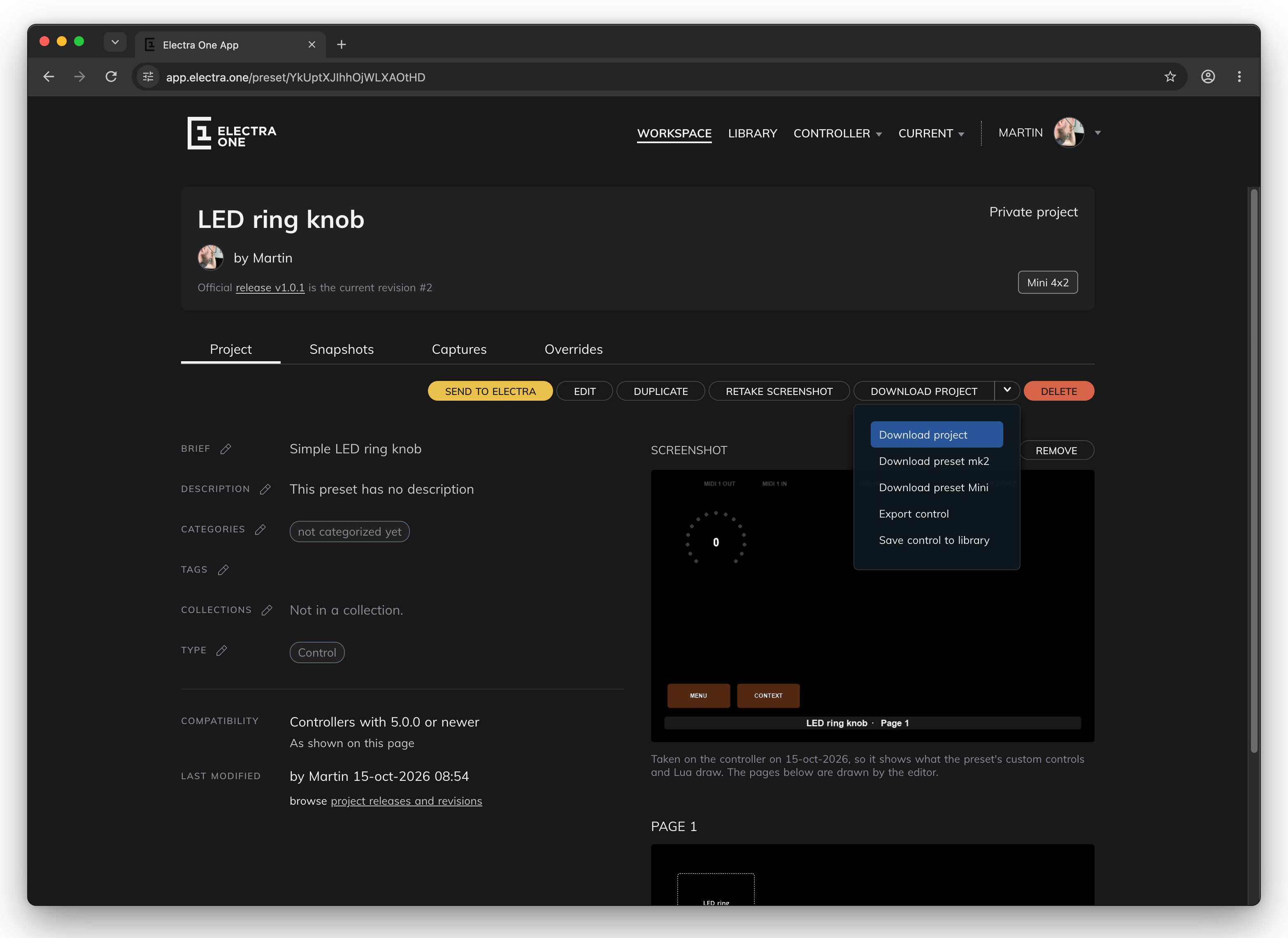 The download menu of a control