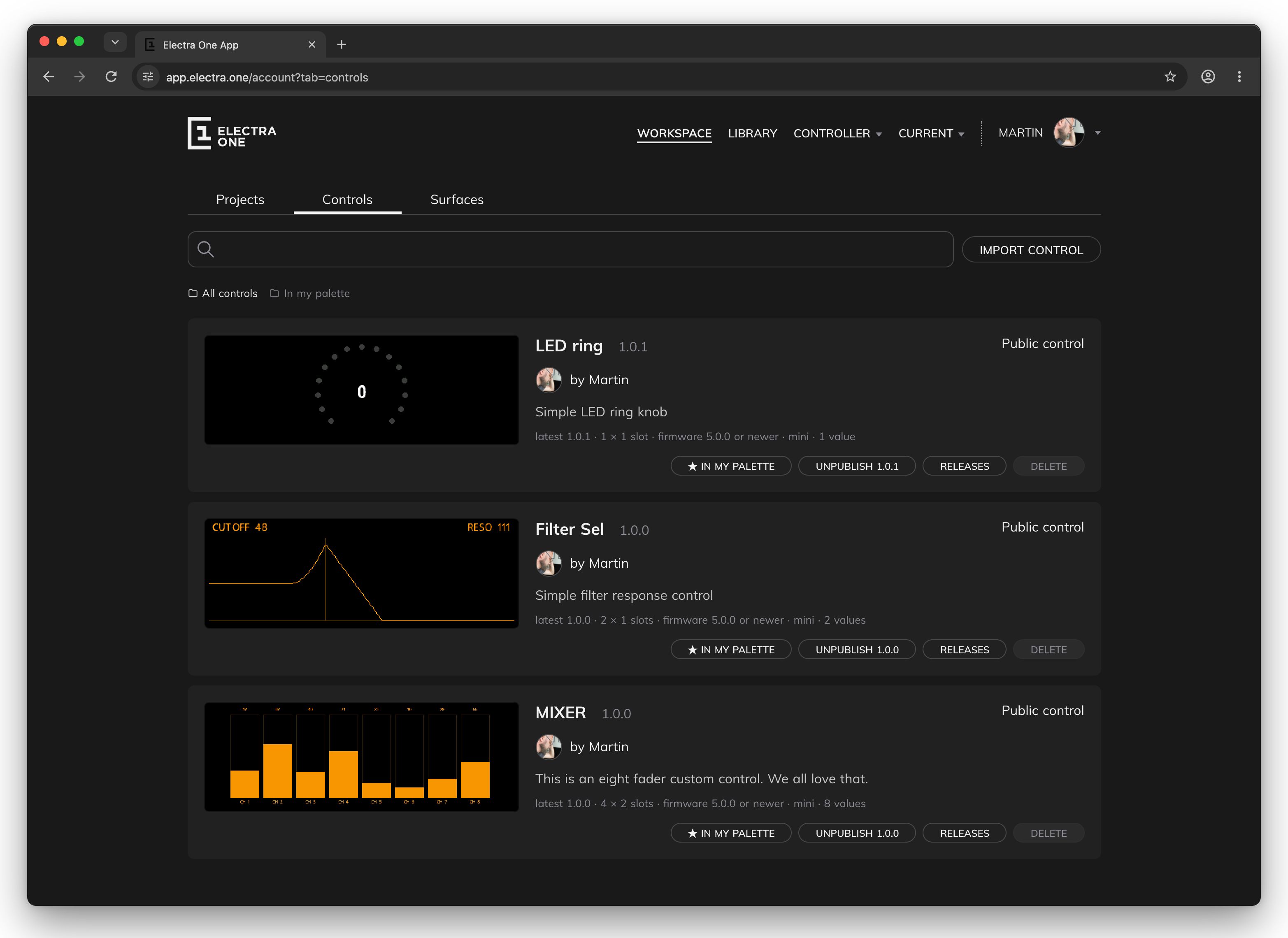 Your controls in the Workspace